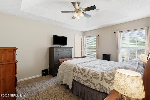 bedroom with a textured ceiling, a raised ceiling, baseboards, and carpet floors