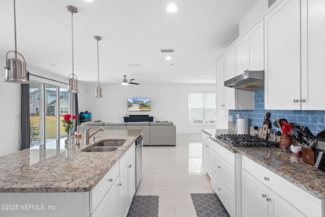 54 Ness Cir, Saint Augustine, FL 32095 - kitchen with under cabinet range hood, a sink, stainless steel appliances, white cabinets, and decorative backsplash