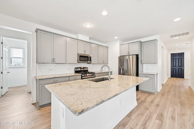 kitchen featuring a sink, stainless steel appliances, gray cabinetry, and visible vents