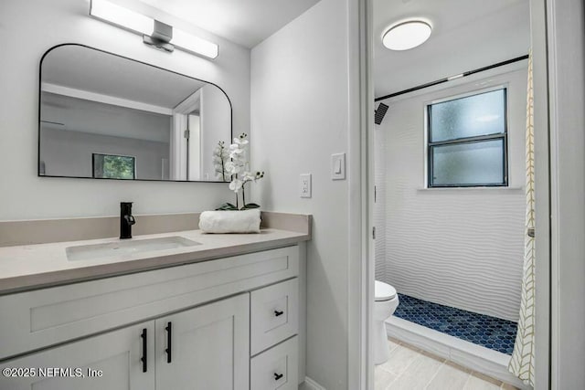 bathroom with vanity, toilet, and a stall shower