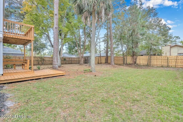 view of yard with a deck and a fenced backyard