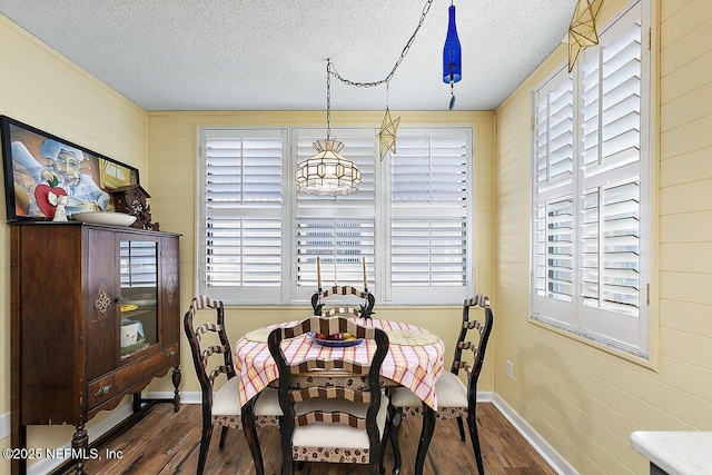 dining room featuring baseboards, a textured ceiling, and dark wood finished floors