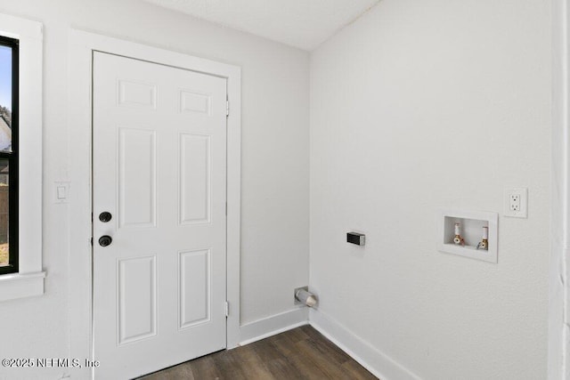 clothes washing area featuring washer hookup, laundry area, baseboards, and dark wood-style flooring