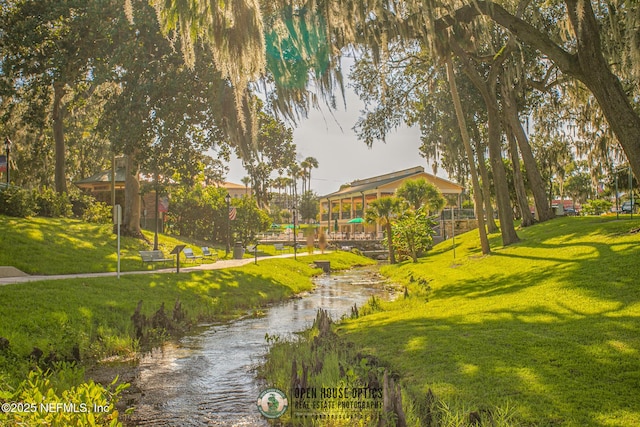 view of home's community with a yard and a water view