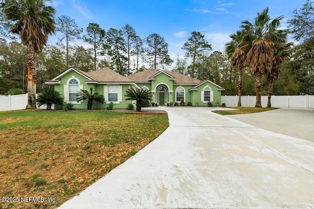 view of front of house featuring a front yard, fence, driveway, and stucco siding