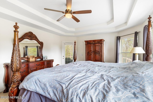 bedroom with multiple windows and a raised ceiling