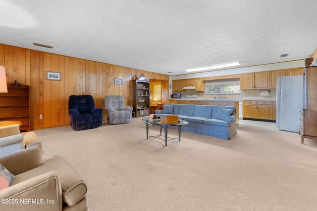 living room featuring a textured ceiling, wood walls, and light carpet