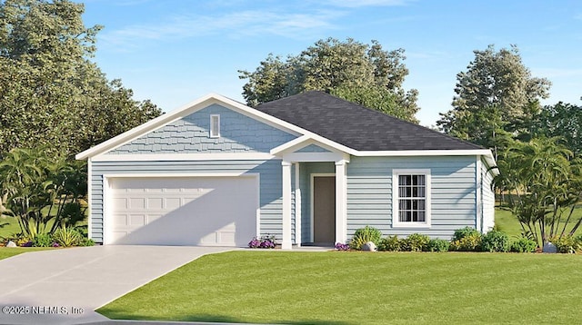 ranch-style house with driveway, an attached garage, a front yard, and a shingled roof