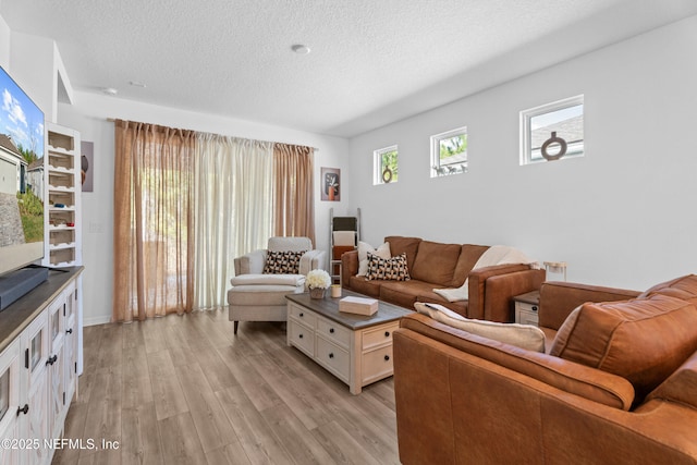 living room with light wood-type flooring and a textured ceiling