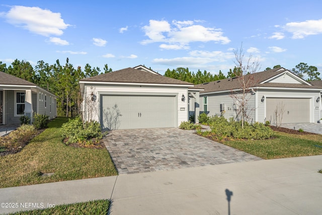 ranch-style house with decorative driveway and a front lawn