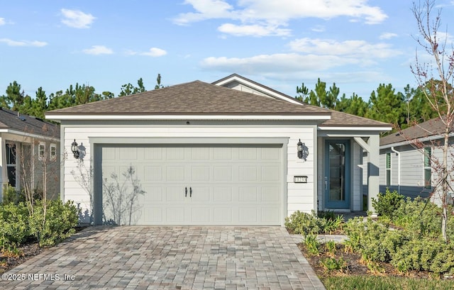 ranch-style home featuring an attached garage, decorative driveway, and roof with shingles