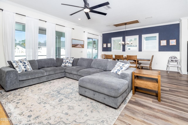 living area with ceiling fan with notable chandelier, visible vents, crown molding, and wood finished floors