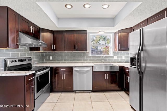 kitchen with a sink, decorative backsplash, under cabinet range hood, and stainless steel appliances