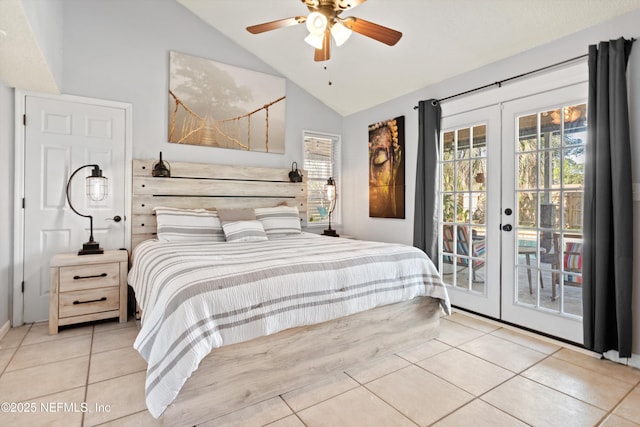 bedroom featuring vaulted ceiling, french doors, tile patterned floors, a ceiling fan, and access to outside