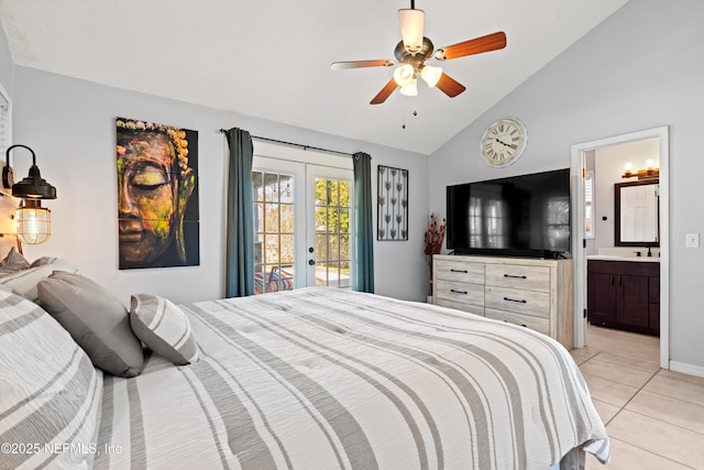 bedroom with light tile patterned floors, access to exterior, vaulted ceiling, french doors, and ensuite bathroom