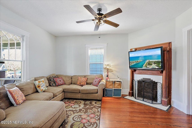 living area featuring a wealth of natural light, a textured ceiling, a ceiling fan, and wood finished floors