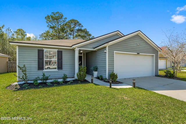 ranch-style house featuring an attached garage, concrete driveway, and a front yard