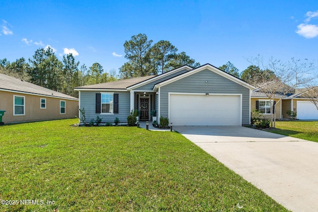 single story home featuring driveway, a front lawn, and an attached garage