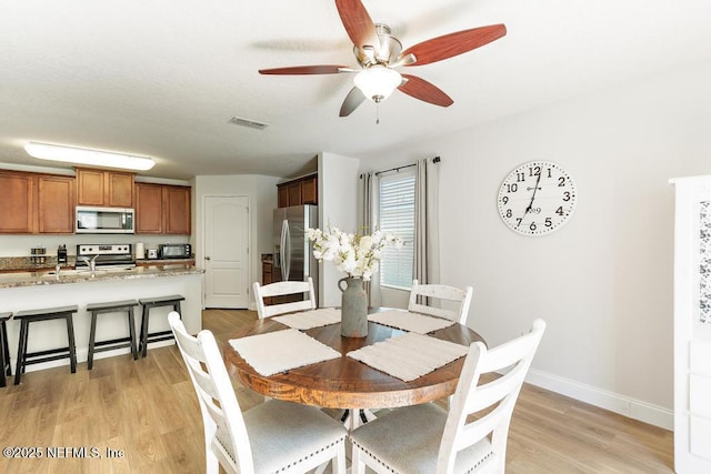 dining space with light wood finished floors, visible vents, ceiling fan, and baseboards