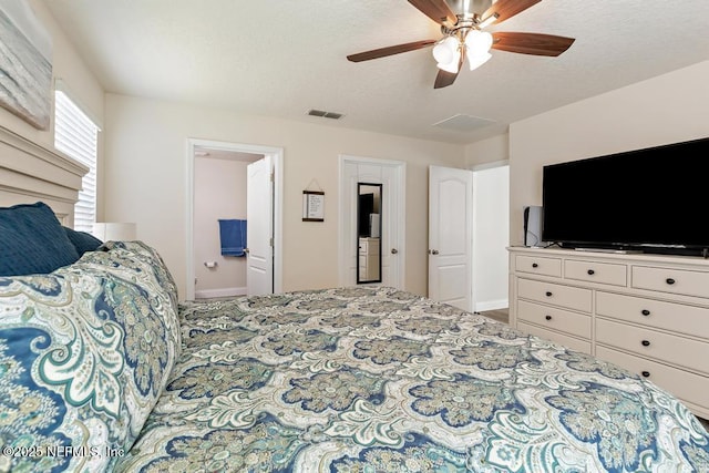 bedroom with visible vents, a textured ceiling, and ceiling fan