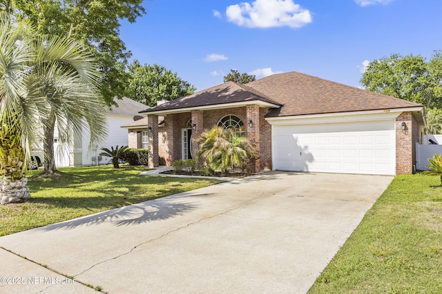 109 N Lake Cunningham Ave, Saint Johns, FL 32259 - ranch-style house with concrete driveway, a front yard, brick siding, a garage, and a shingled roof