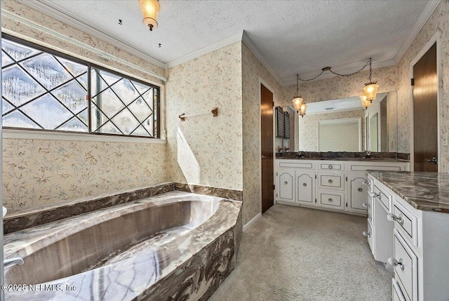 bathroom featuring double vanity, a textured ceiling, crown molding, and wallpapered walls