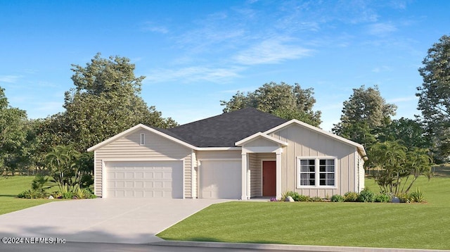 single story home featuring board and batten siding, a front yard, roof with shingles, driveway, and an attached garage