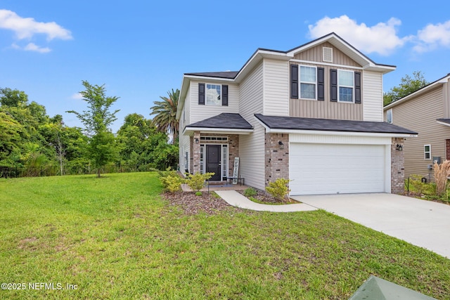 traditional home featuring a front lawn, brick siding, board and batten siding, and driveway