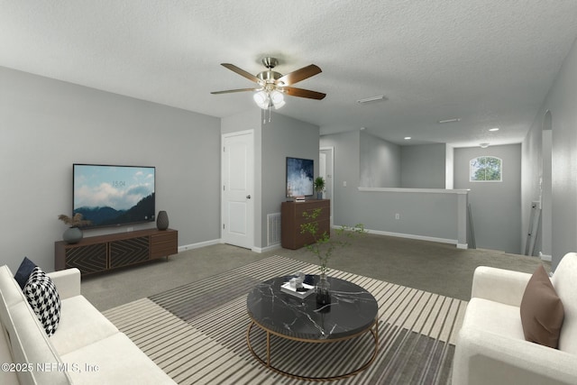 carpeted living room featuring a ceiling fan, baseboards, and a textured ceiling