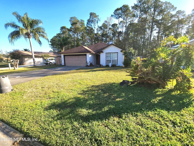 ranch-style home with a front lawn, a garage, driveway, and stucco siding