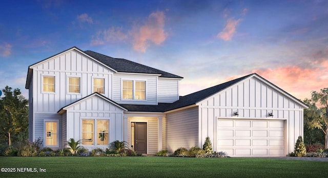287 Sapling Ter, Saint Johns, FL 32259 - modern farmhouse featuring board and batten siding, roof with shingles, a lawn, and a garage
