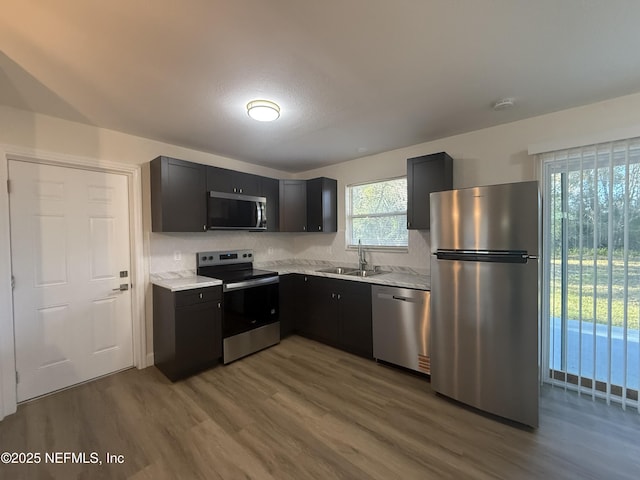 kitchen with dark wood-style flooring, a sink, appliances with stainless steel finishes, dark cabinets, and backsplash