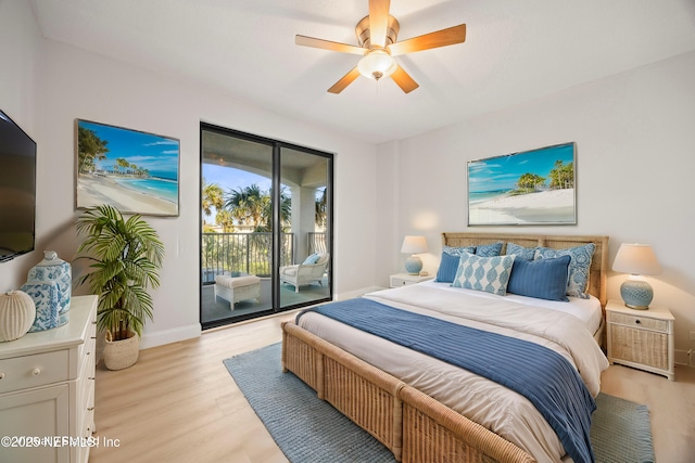 bedroom featuring baseboards, light wood-style floors, access to exterior, and a ceiling fan