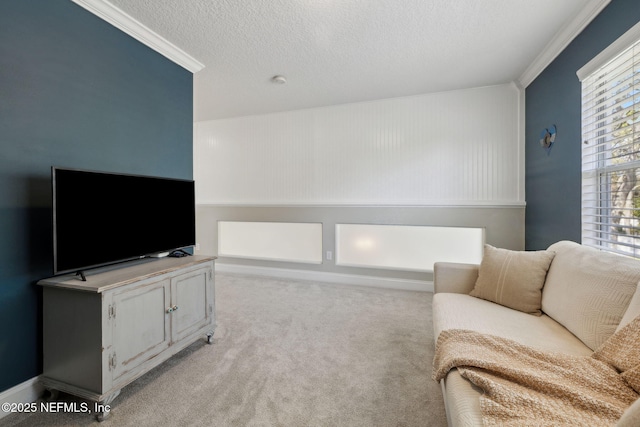 living area with light colored carpet, ornamental molding, and a textured ceiling