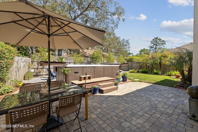 view of patio / terrace featuring a fenced backyard and outdoor dining space