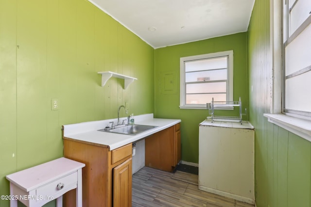 clothes washing area with light wood-style floors and a sink