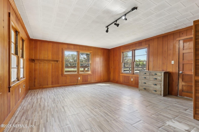 unfurnished room featuring baseboards, wood walls, and track lighting