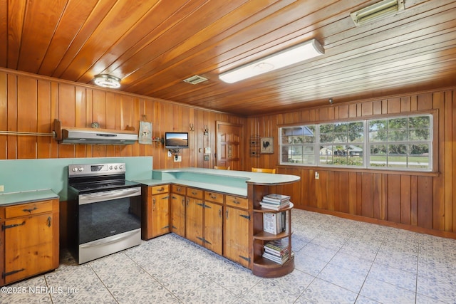 kitchen featuring brown cabinetry, a peninsula, electric range, open shelves, and under cabinet range hood