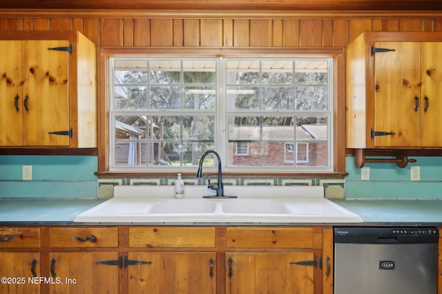 kitchen featuring plenty of natural light, a sink, light countertops, and stainless steel dishwasher