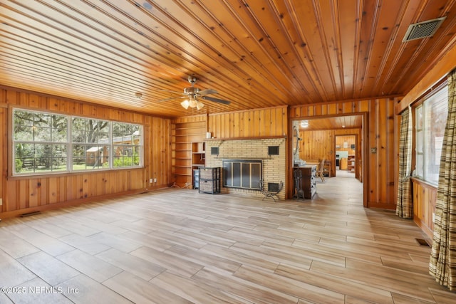 unfurnished living room featuring wooden ceiling, visible vents, wood walls, and ceiling fan