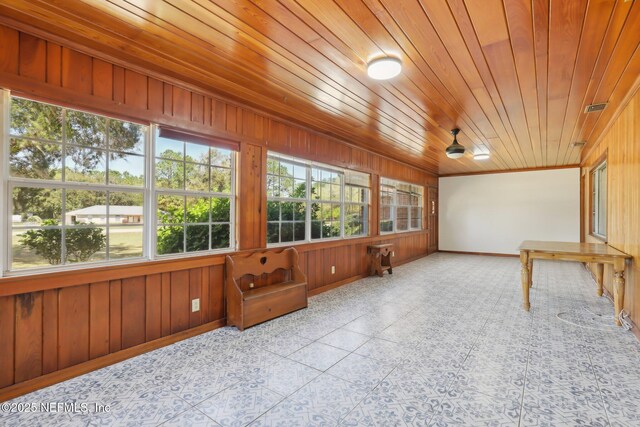 sunroom / solarium featuring wood ceiling, visible vents, and a healthy amount of sunlight