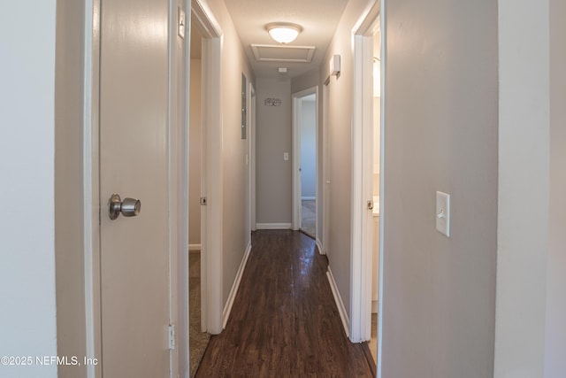 corridor featuring attic access, baseboards, and dark wood-type flooring