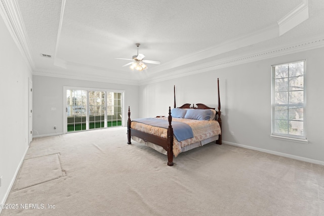 bedroom with a raised ceiling, carpet, and ornamental molding