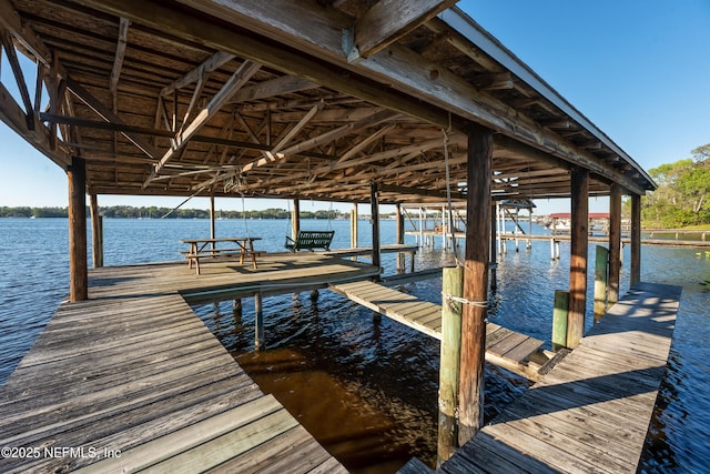 dock area featuring boat lift and a water view