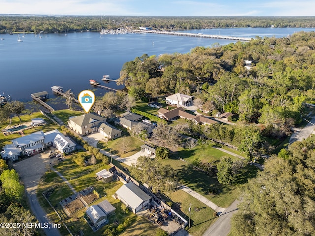 aerial view featuring a water view and a wooded view