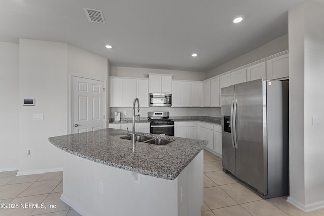 kitchen with visible vents, a sink, white cabinetry, appliances with stainless steel finishes, and light tile patterned floors