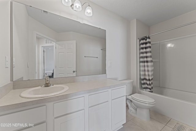 bathroom with vanity, shower / bathtub combination with curtain, tile patterned flooring, a textured ceiling, and toilet