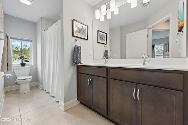 full bath with visible vents, toilet, a sink, tile patterned flooring, and double vanity