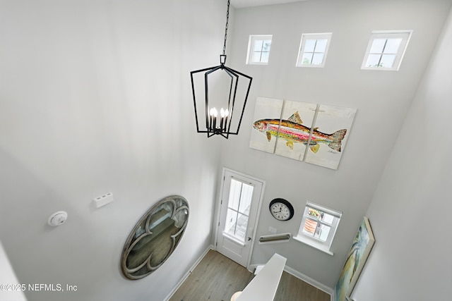 interior details featuring baseboards, wood finished floors, and a chandelier