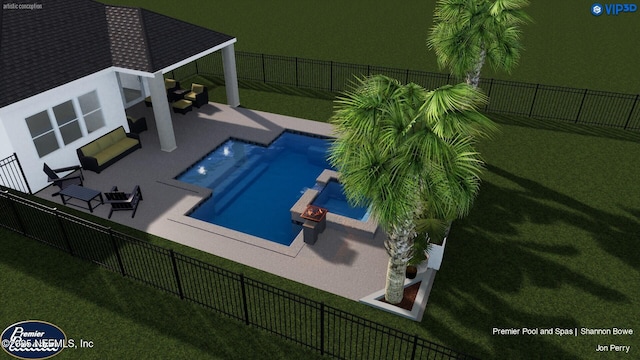 view of pool featuring a yard, a fenced in pool, a patio, and a fenced backyard